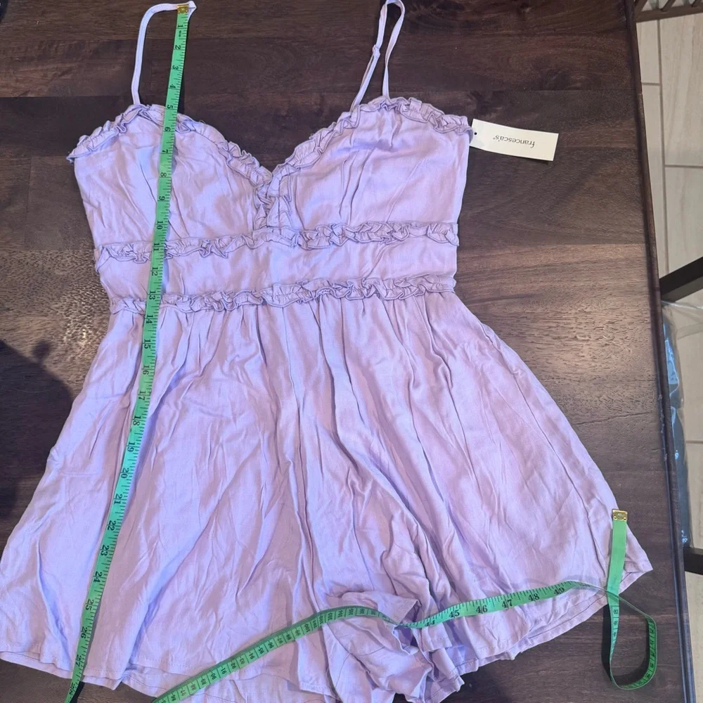 Mi ami‎ Spaghetti Strap Lavender Shorts Romper, Flirty Ruffles, Size L